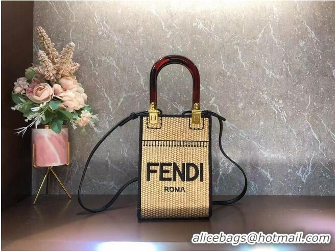 Cheap Design FENDI MINI SUNSHINE SHOPPER Braided straw mini-bag 8BS051 Apricot