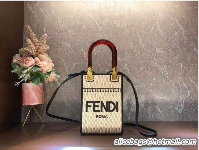 Buy Discount FENDI MINI SUNSHINE SHOPPER Braided straw mini-bag 8BS051 Apricot