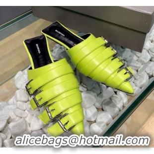 Pretty Style Balenciaga Shiny Lambskin Buckle Strap Flat Mules 033130 Kiwi Green 2021