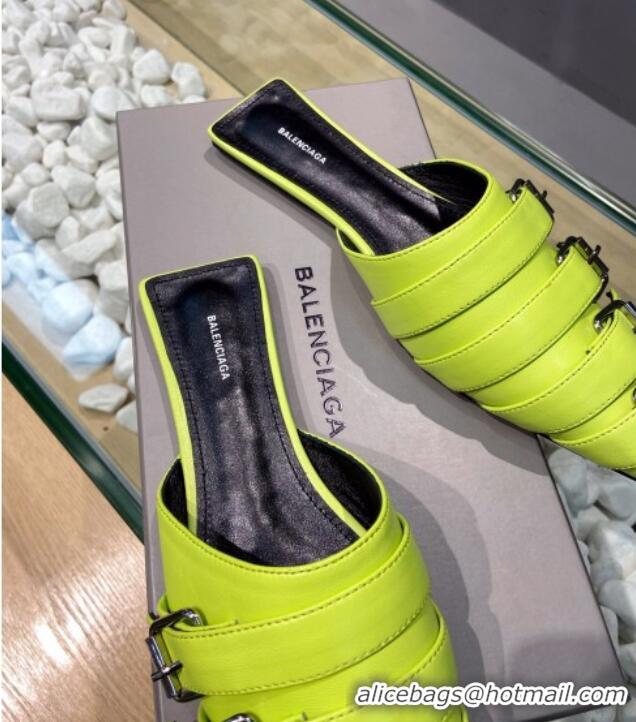 Pretty Style Balenciaga Shiny Lambskin Buckle Strap Flat Mules 033130 Kiwi Green 2021