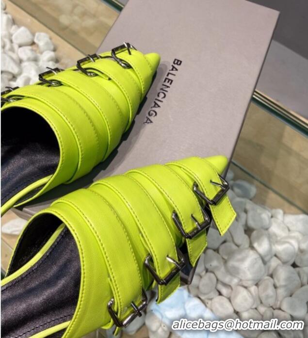 Pretty Style Balenciaga Shiny Lambskin Buckle Strap Flat Mules 033130 Kiwi Green 2021