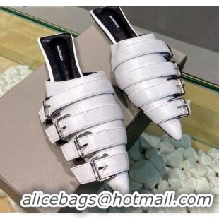 Low Price Balenciaga Shiny Lambskin Buckle Strap Flat Mules 033130 White 2021