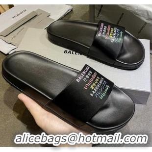 Best Product Balenciaga Leather Language Print Flat Slide Sandals 040801 Black 2021