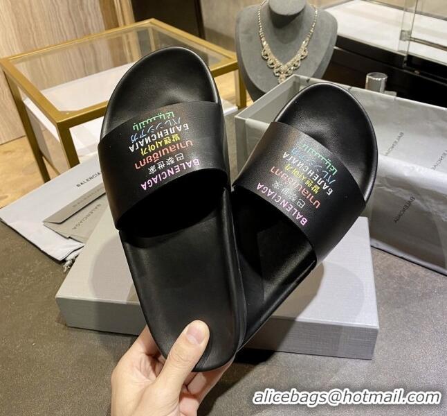 Best Product Balenciaga Leather Language Print Flat Slide Sandals 040801 Black 2021