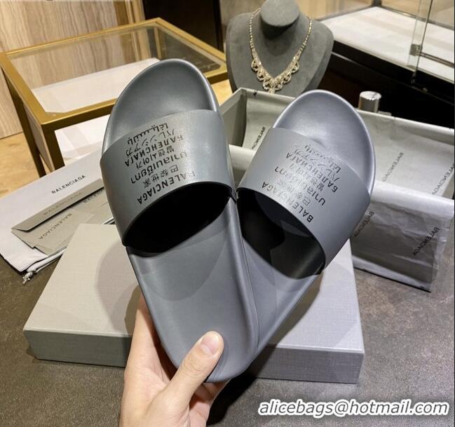 Well Crafted Balenciaga Leather Language Print Flat Slide Sandals 040801 Grey 2021