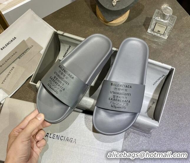 Well Crafted Balenciaga Leather Language Print Flat Slide Sandals 040801 Grey 2021