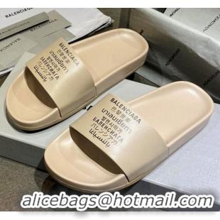 Luxurious Balenciaga Leather Language Print Flat Slide Sandals 040801 Beige 2021