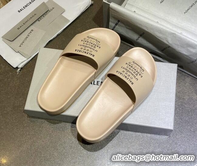 Luxurious Balenciaga Leather Language Print Flat Slide Sandals 040801 Beige 2021