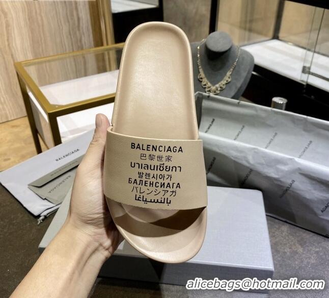 Luxurious Balenciaga Leather Language Print Flat Slide Sandals 040801 Beige 2021