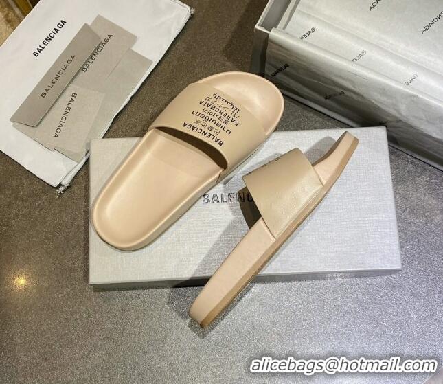 Luxurious Balenciaga Leather Language Print Flat Slide Sandals 040801 Beige 2021