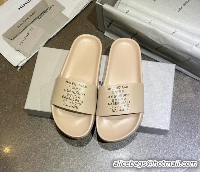 Luxurious Balenciaga Leather Language Print Flat Slide Sandals 040801 Beige 2021