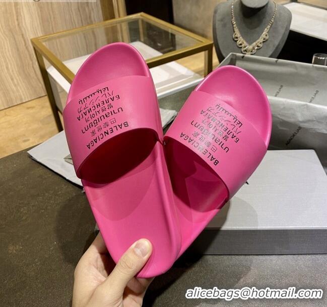 Good Taste Balenciaga Leather Language Print Flat Slide Sandals 040801 Pink 2021