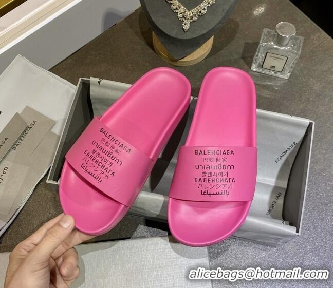 Good Taste Balenciaga Leather Language Print Flat Slide Sandals 040801 Pink 2021