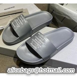 Good Quality Balenciaga Leather Language Print Flat Slide Sandals 040802 Grey 2021