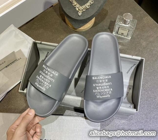 Good Quality Balenciaga Leather Language Print Flat Slide Sandals 040802 Grey 2021