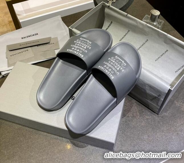 Good Quality Balenciaga Leather Language Print Flat Slide Sandals 040802 Grey 2021