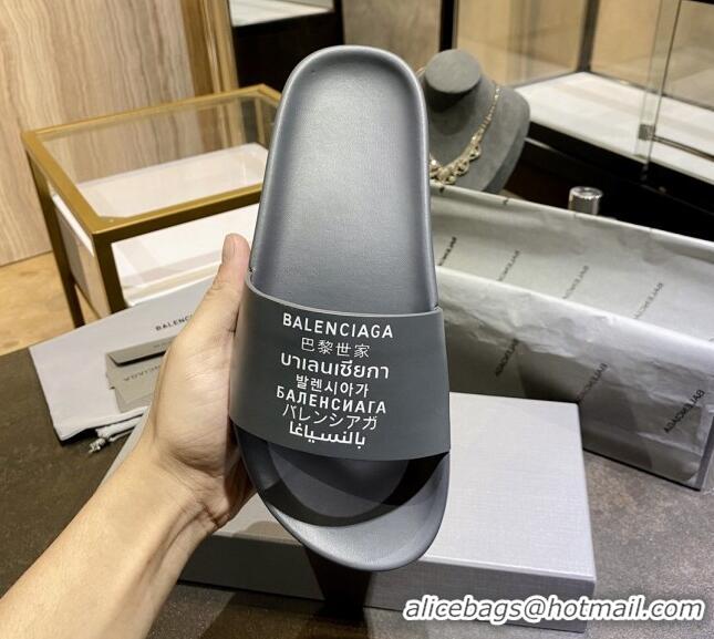 Good Quality Balenciaga Leather Language Print Flat Slide Sandals 040802 Grey 2021