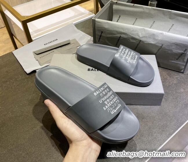 Good Quality Balenciaga Leather Language Print Flat Slide Sandals 040802 Grey 2021