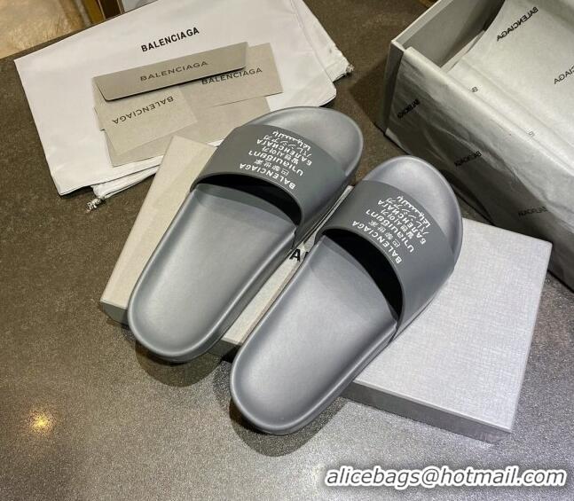 Good Quality Balenciaga Leather Language Print Flat Slide Sandals 040802 Grey 2021