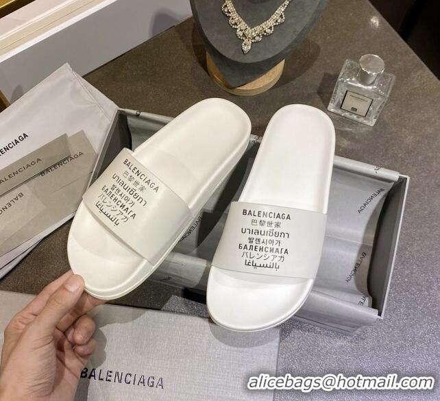 Shop Duplicate Balenciaga Leather Language Print Flat Slide Sandals 040802 White 2021