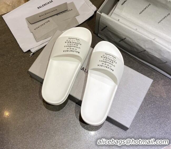 Shop Duplicate Balenciaga Leather Language Print Flat Slide Sandals 040802 White 2021