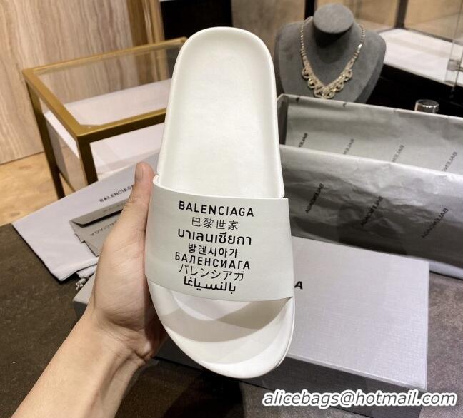 Shop Duplicate Balenciaga Leather Language Print Flat Slide Sandals 040802 White 2021