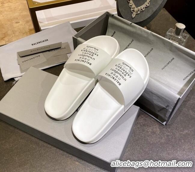 Shop Duplicate Balenciaga Leather Language Print Flat Slide Sandals 040802 White 2021