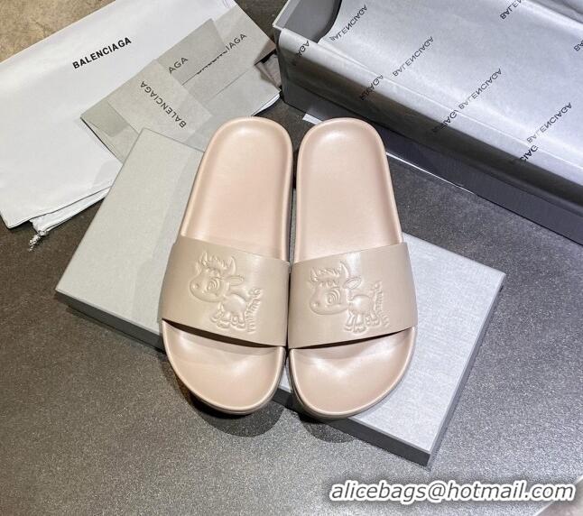 Unique Style Balenciaga Leather Ox Flat Slide Sandals 040807 Beige 2021