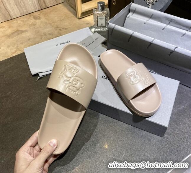 Unique Style Balenciaga Leather Ox Flat Slide Sandals 040807 Beige 2021