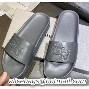 Top Design Balenciaga Leather Ox Flat Slide Sandals 040807 Grey 2021