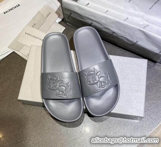 Top Design Balenciaga Leather Ox Flat Slide Sandals 040807 Grey 2021