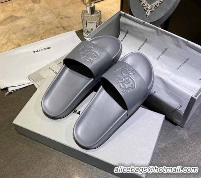 Top Design Balenciaga Leather Ox Flat Slide Sandals 040807 Grey 2021