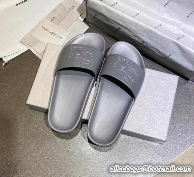 Top Design Balenciaga Leather Ox Flat Slide Sandals 040807 Grey 2021