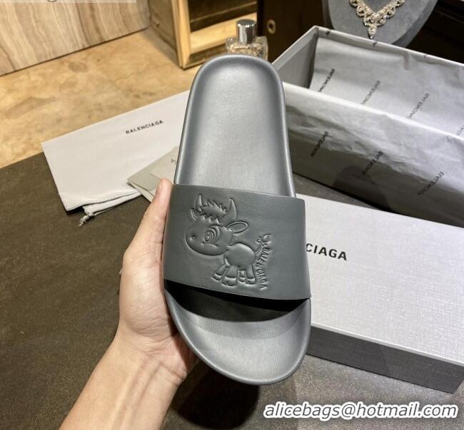 Top Design Balenciaga Leather Ox Flat Slide Sandals 040807 Grey 2021