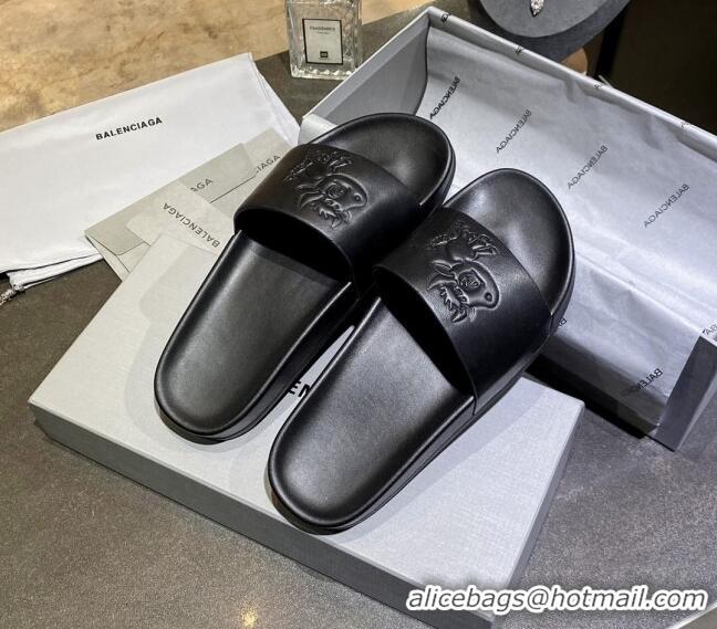 Cheap Price Balenciaga Leather Ox Flat Slide Sandals 040807 Black 2021