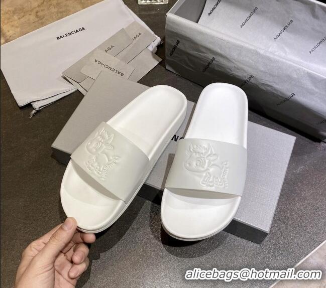 Discount Balenciaga Leather Ox Flat Slide Sandals 040807 White 2021