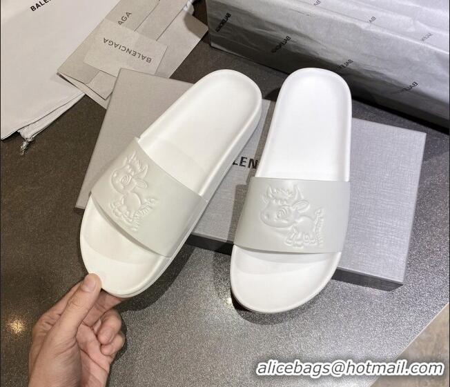 Discount Balenciaga Leather Ox Flat Slide Sandals 040807 White 2021