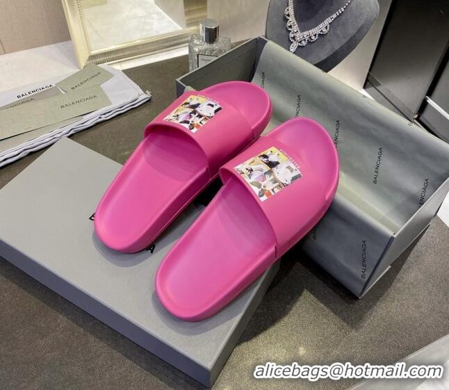 Best Price Balenciaga Dogs Print Flat Slide Sandals 042883 Pink 2021