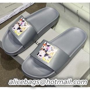 Good Looking Balenciaga Dogs Print Flat Slide Sandals 042883 Grey 2021