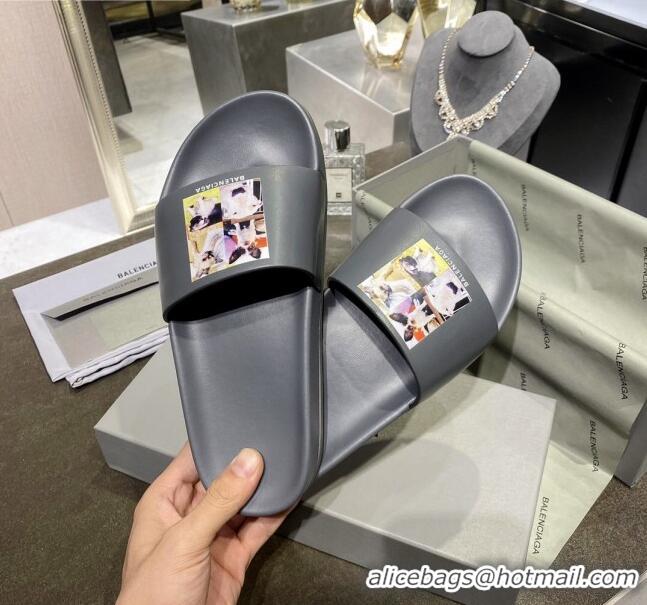 Good Looking Balenciaga Dogs Print Flat Slide Sandals 042883 Grey 2021