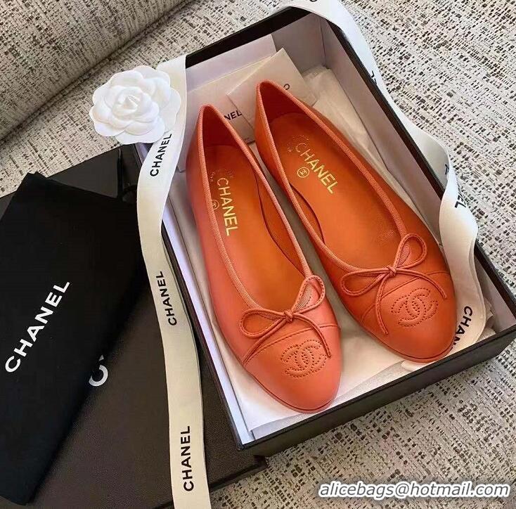 Top Quality Chanel Calf Leather Classic Bow Ballerinas Flats G02819 Orange