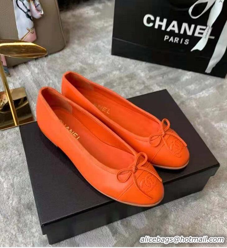 Top Quality Chanel Calf Leather Classic Bow Ballerinas Flats G02819 Orange