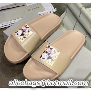 Luxurious Balenciaga Dogs Print Flat Slide Sandals 042886 Beige 2021