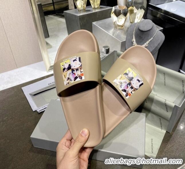 Luxurious Balenciaga Dogs Print Flat Slide Sandals 042886 Beige 2021