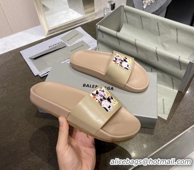 Luxurious Balenciaga Dogs Print Flat Slide Sandals 042886 Beige 2021