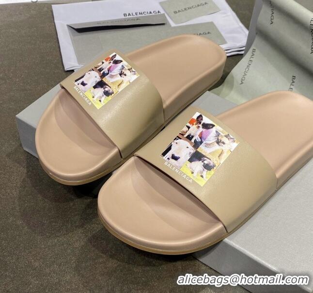 Luxurious Balenciaga Dogs Print Flat Slide Sandals 042886 Beige 2021