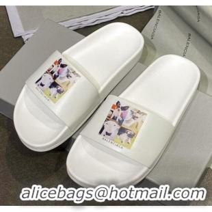 Top Grade Balenciaga Dogs Print Flat Slide Sandals 042886 White 2021