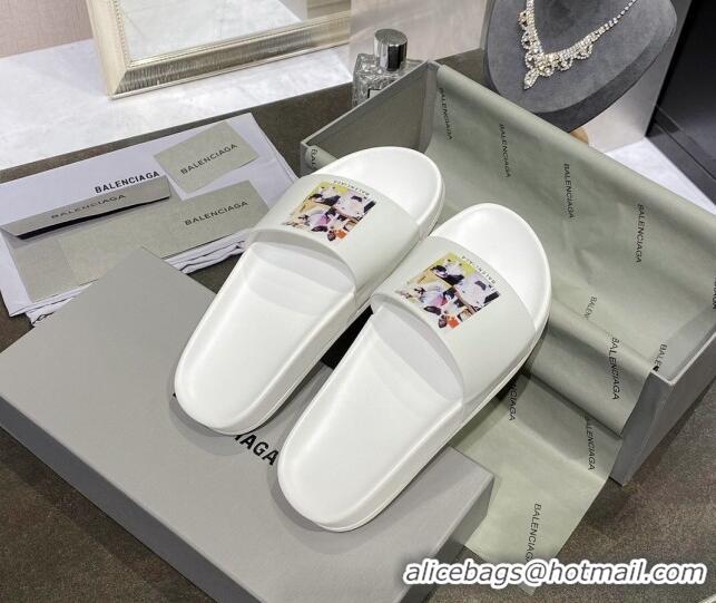 Top Grade Balenciaga Dogs Print Flat Slide Sandals 042886 White 2021