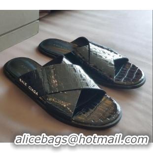 Good Taste Balenciaga Stone Embossed Patent Calfskin Cross Strap Flat Slide Sandals 050762 Black 2021