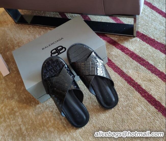 Good Taste Balenciaga Stone Embossed Patent Calfskin Cross Strap Flat Slide Sandals 050762 Black 2021